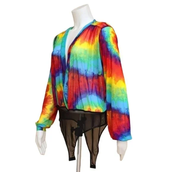 LOVE BRAND Rainbow Tie Dye Long Sleeve Bodysuit L Pride Festival Rave Faux Wrap - Picture 5 of 16